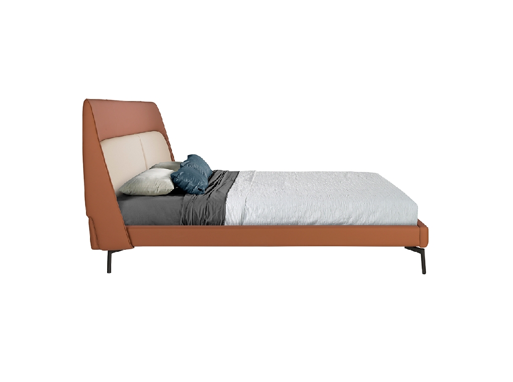 Upholstered bed in brown and grey eco-leather with steel legs