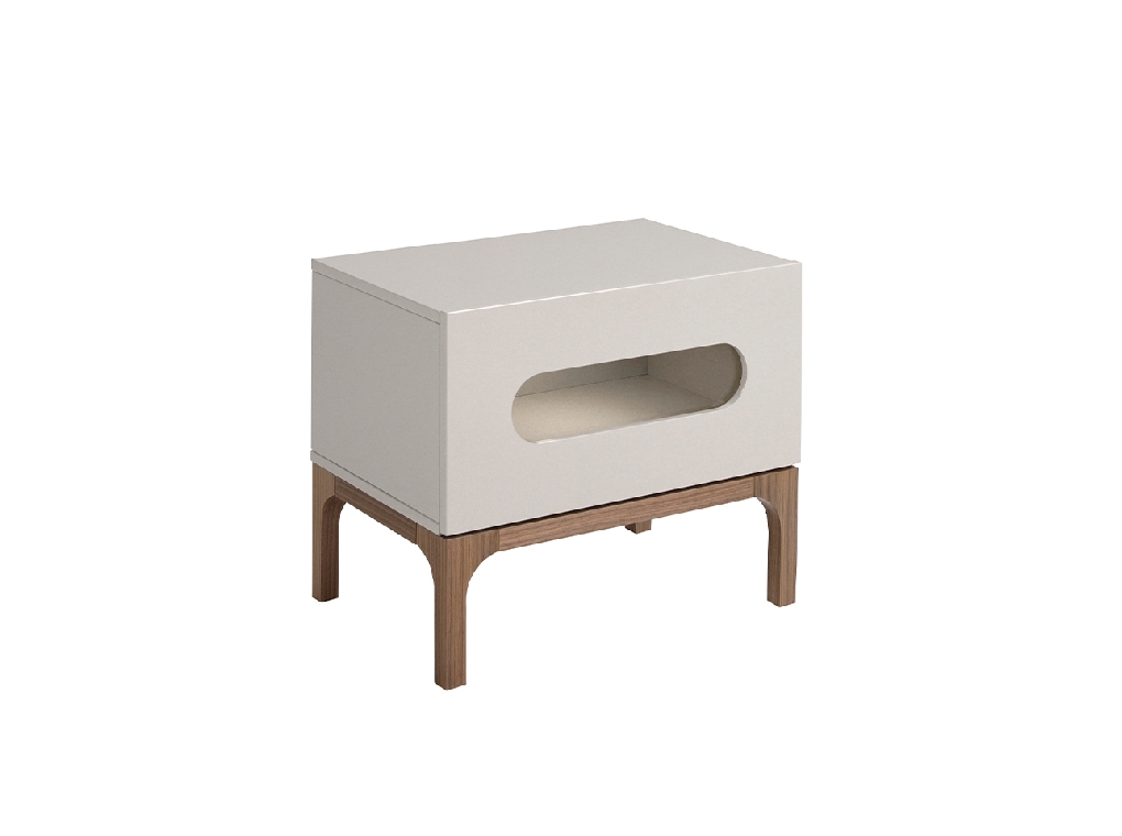 Gray and walnut wood bedside table with interior lighting