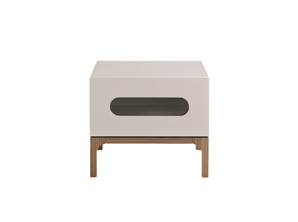 Gray and walnut wood bedside table with interior lighting