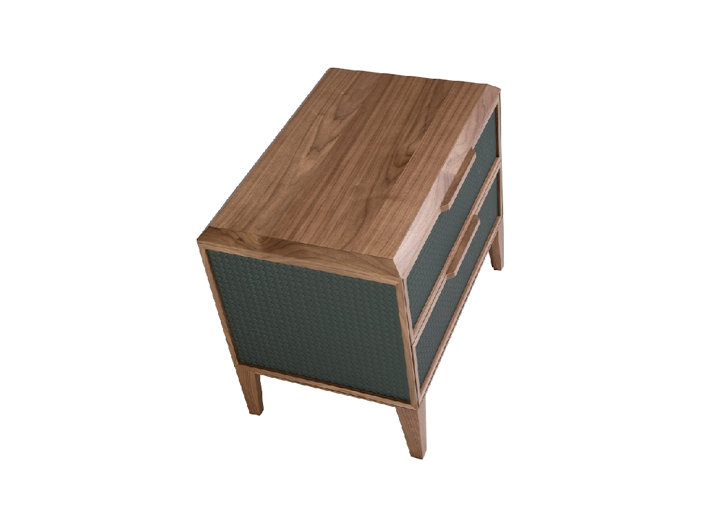 Dark green pvc and walnut bedside table