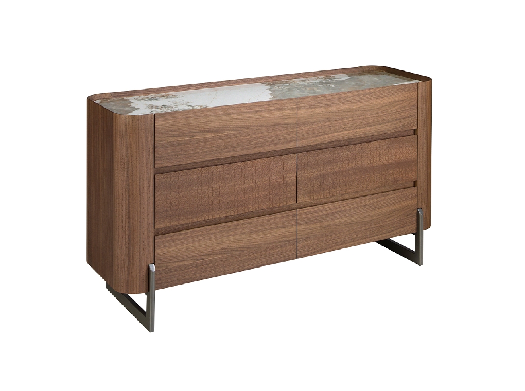 Chest of drawers walnut and metallic dark steel with porcelain marble top