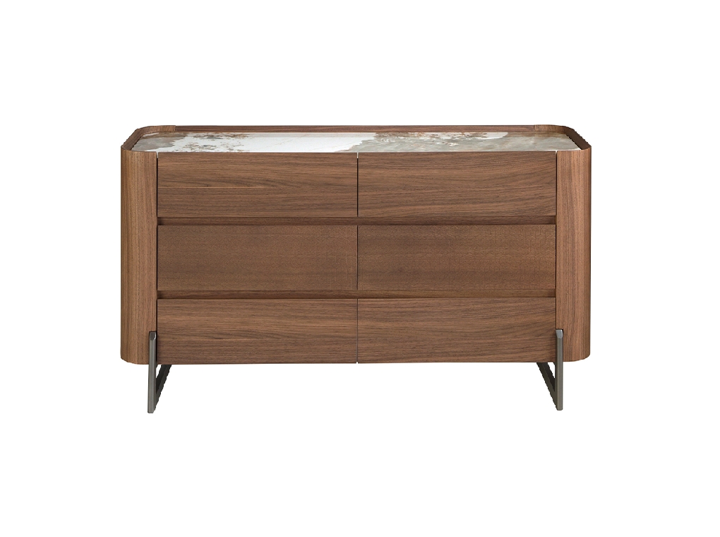 Chest of drawers walnut and metallic dark steel with porcelain marble top