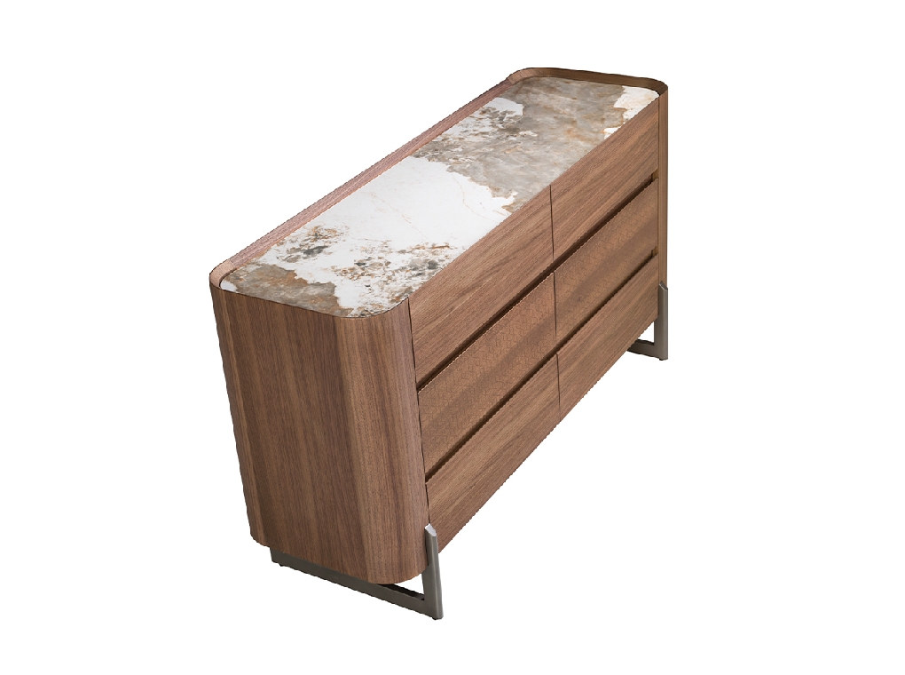 Chest of drawers walnut and metallic dark steel with porcelain marble top