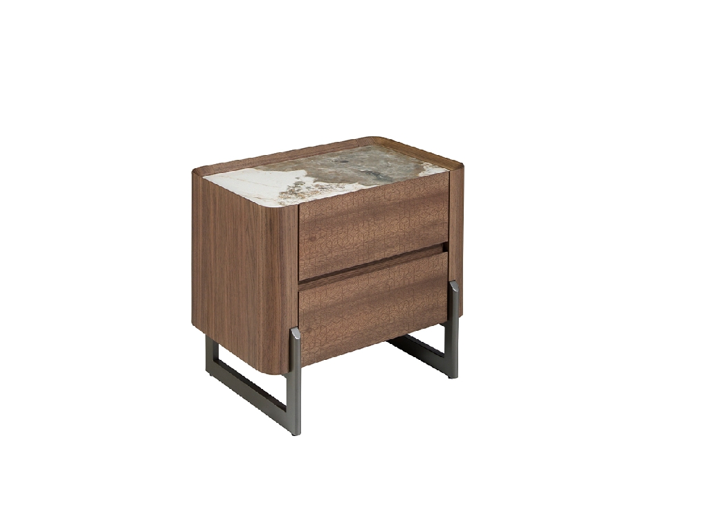 Walnut and metallised dark steel bedside table with porcelain marble top