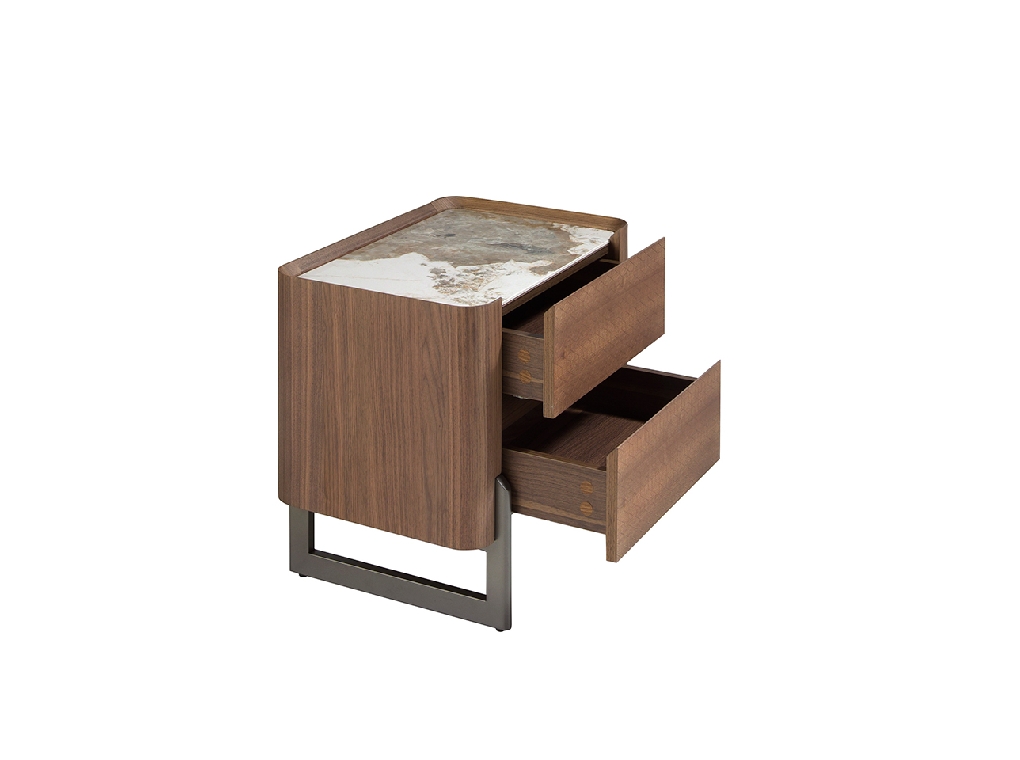 Walnut and metallised dark steel bedside table with porcelain marble top