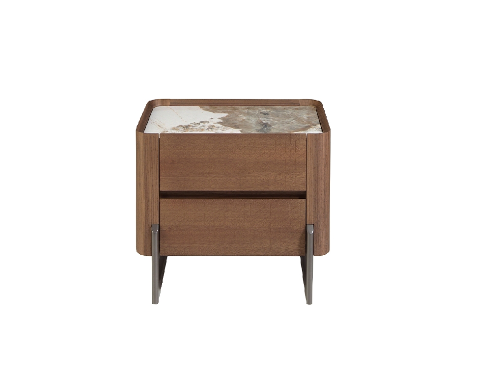 Walnut and metallised dark steel bedside table with porcelain marble top