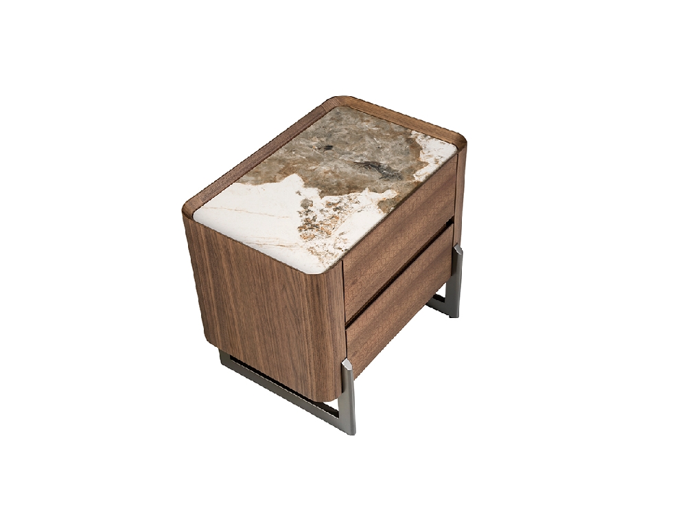 Walnut and metallised dark steel bedside table with porcelain marble top