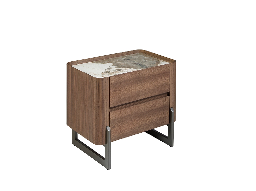 Table de chevet en noyer et acier métallisé foncé avec plateau en marbre de porcelaine