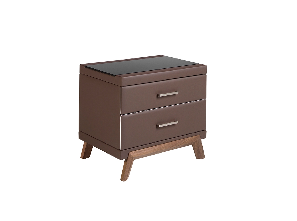 Leatherette bedside table, walnut with black glass top