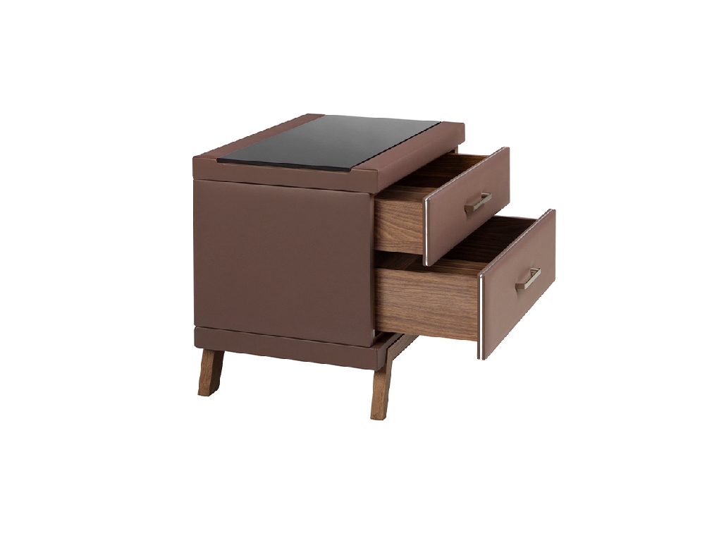 Leatherette bedside table, walnut with black glass top