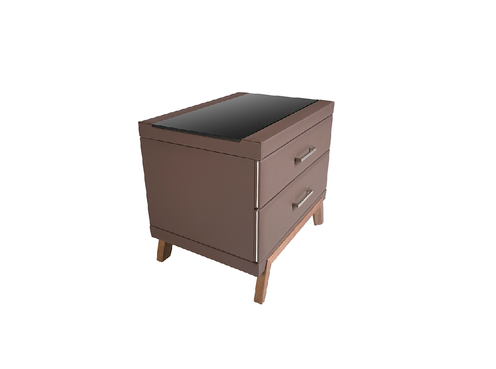 Leatherette bedside table, walnut with black glass top