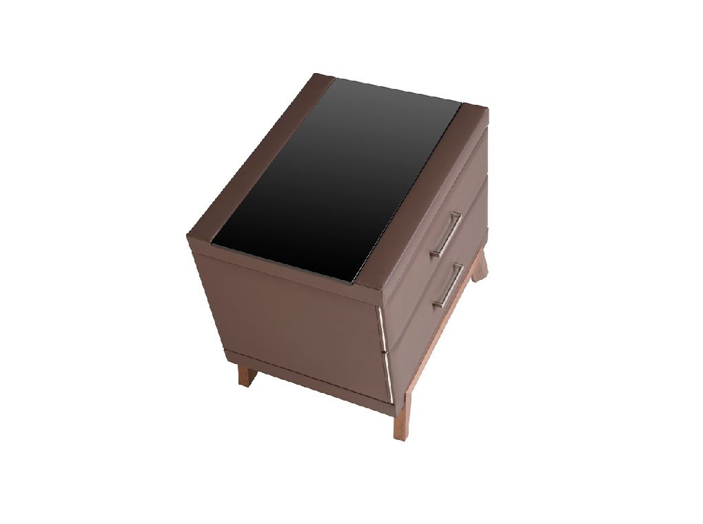 Leatherette bedside table, walnut with black glass top