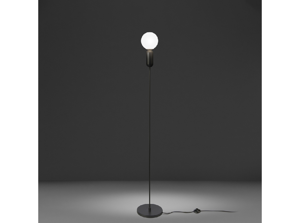 Floor lamp made of black stainless steel and white tinted glass bulb