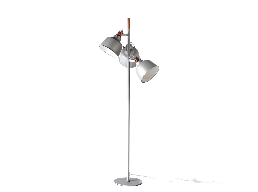 Lampadaire avec trois abat-jour multidirectionnels en acier inoxydable peint en époxy gris et détails en bronze