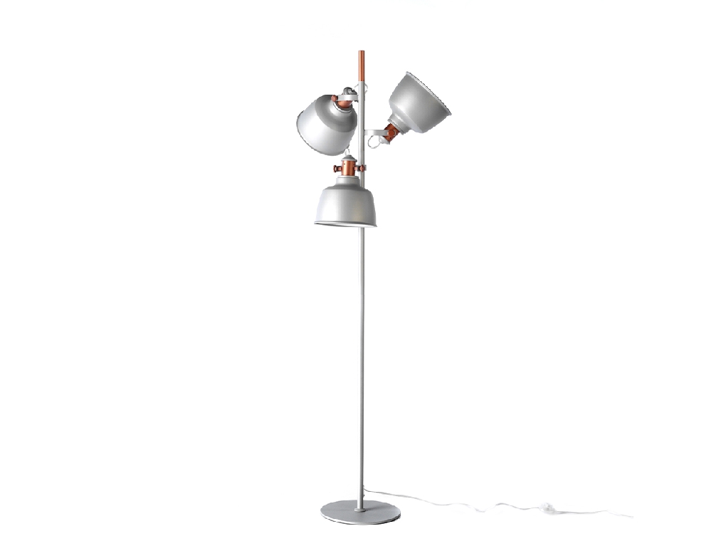 Floor lamp with three multidirectional lampshades made of stainless steel painted in gray epoxy and details in bronze color