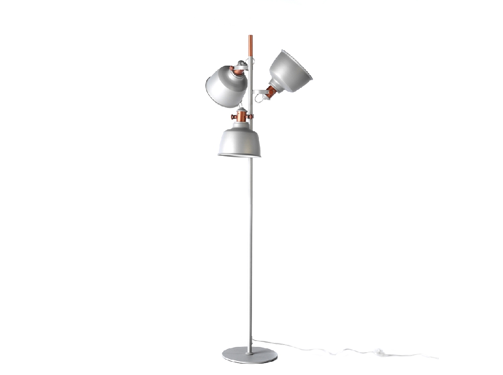 Lampadaire avec trois abat-jour multidirectionnels en acier inoxydable peint en époxy gris et détails en bronze