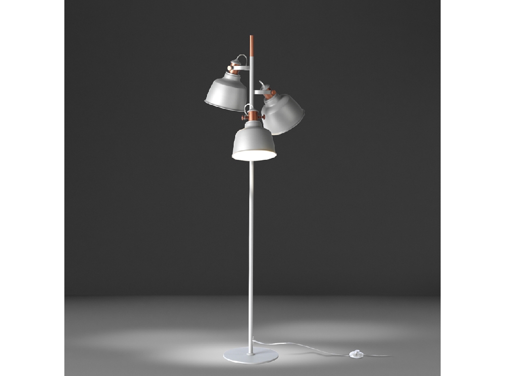 Lampadaire avec trois abat-jour multidirectionnels en acier inoxydable peint en époxy gris et détails en bronze