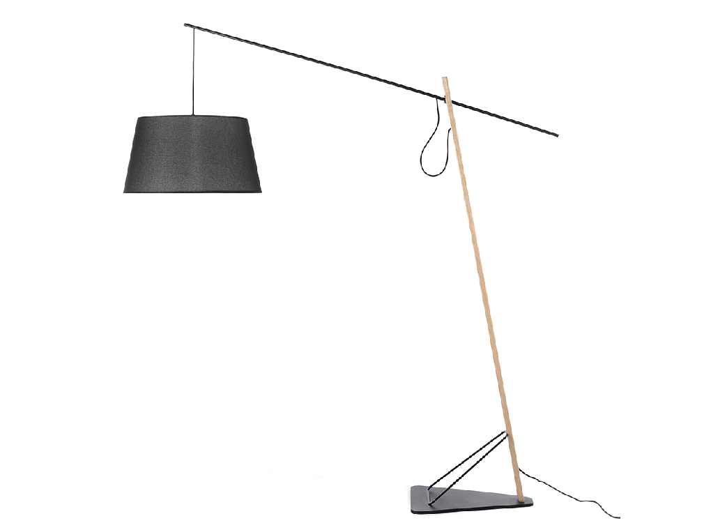 Lámpara de pie en acero negro y madera roble con pantalla de tela