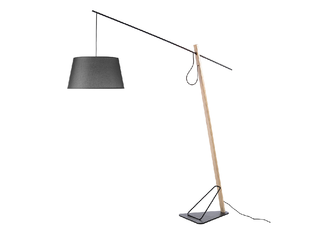 Lampadaire en acier noir et bois de chêne avec abat-jour en tissu