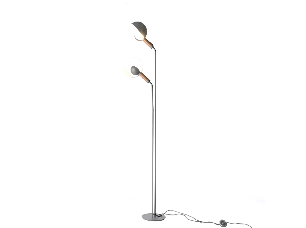 Floor lamp with two lampshades in anthracite grey steel with leather grip