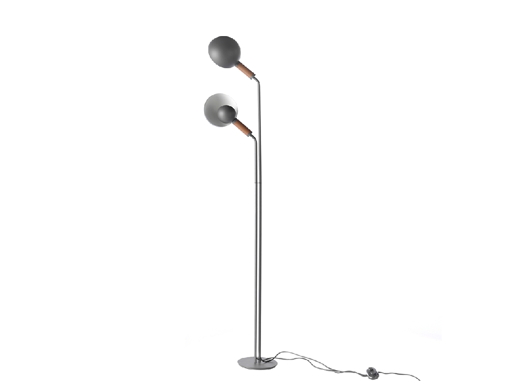 Floor lamp with two lampshades in anthracite grey steel with leather grip