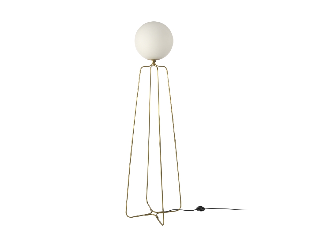 Floor lamp with base made of golden steel and white tinted glass bulb.