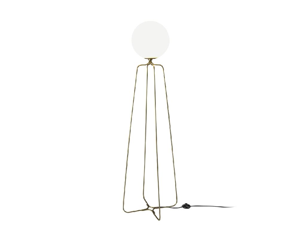 Floor lamp with base made of golden steel and white tinted glass bulb.