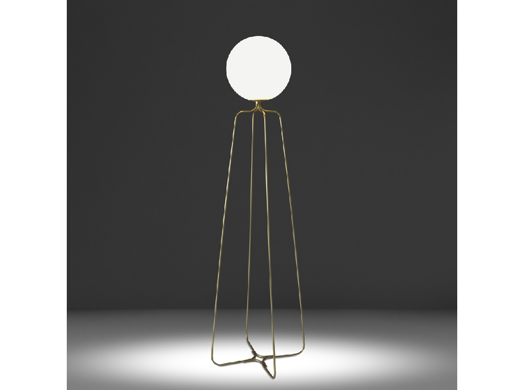 Floor lamp with base made of golden steel and white tinted glass bulb.