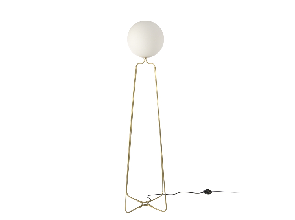 Floor lamp with base made of golden steel and white tinted glass bulb.