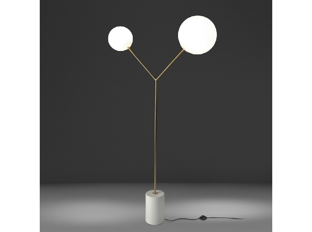 Floor lamp in calacatta marble, gilded steel and white glass