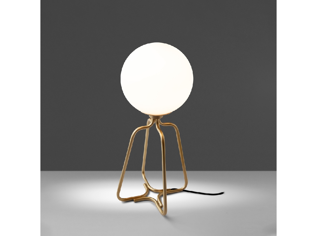 Table lamp in gilded steel and white glass