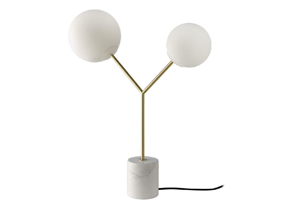 Table lamp in calacatta marble, gilded steel and white glass