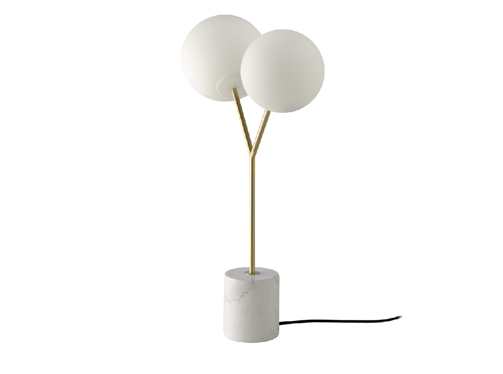 Table lamp in calacatta marble, gilded steel and white glass