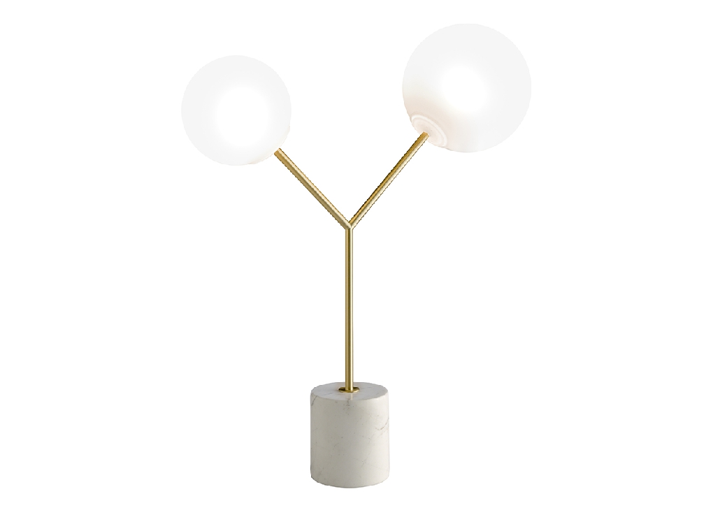 Table lamp in calacatta marble, gilded steel and white glass