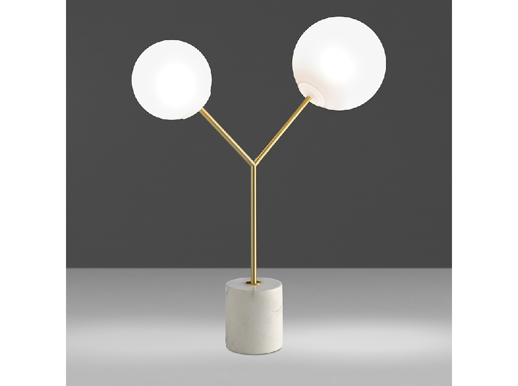 Table lamp in calacatta marble, gilded steel and white glass