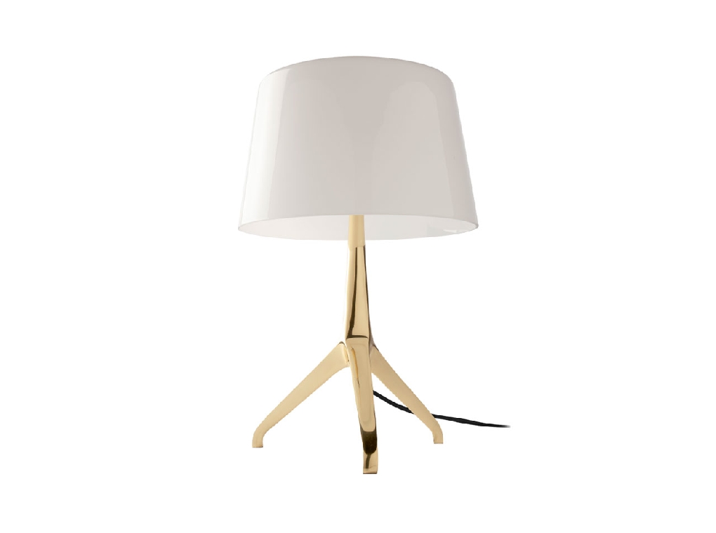 Table lamp in gold-plated steel and white tinted glass