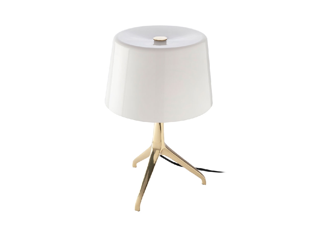 Table lamp in gold-plated steel and white tinted glass