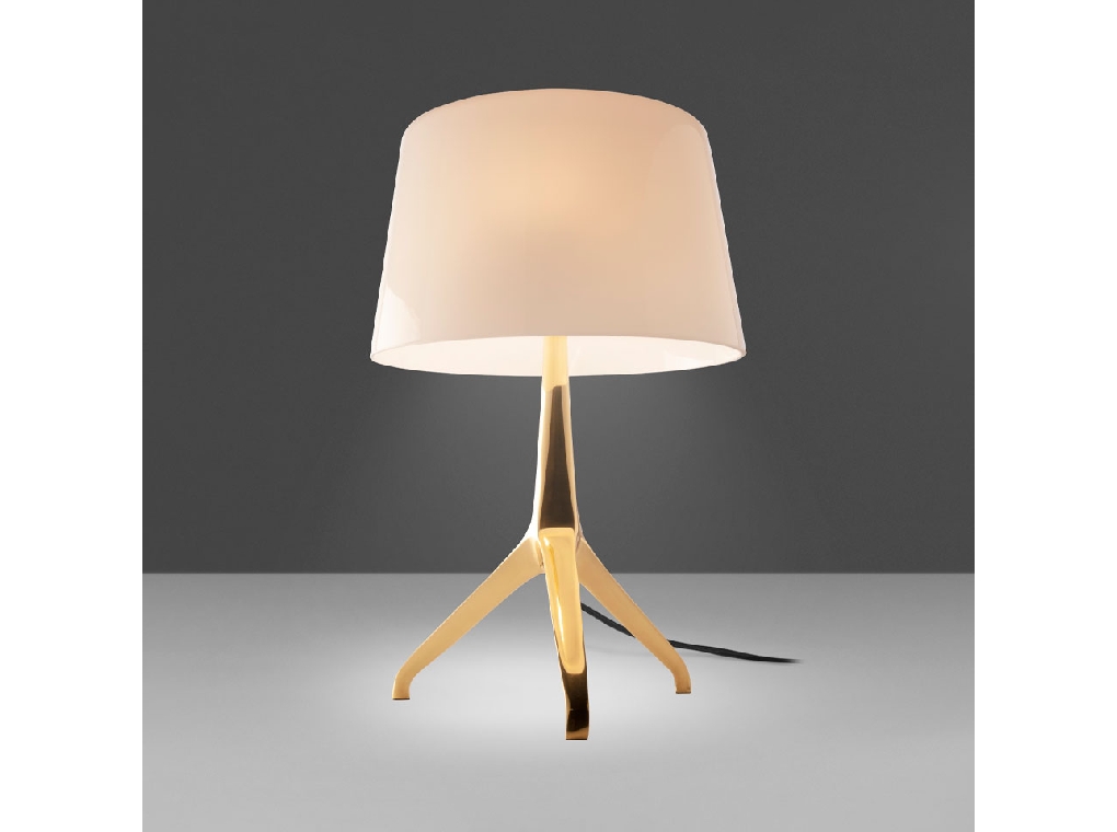 Table lamp in gold-plated steel and white tinted glass