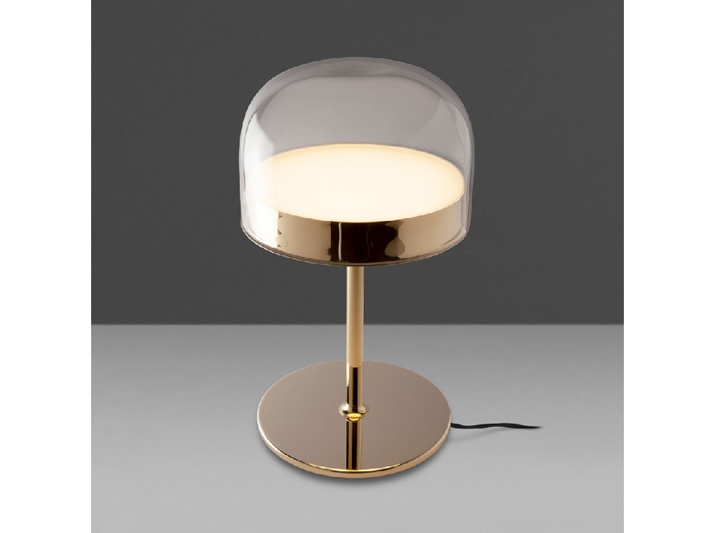 Table lamp in gilded steel with translucent glass shade