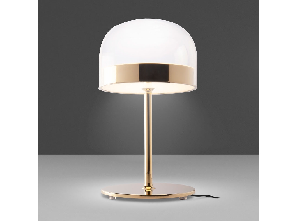 Table lamp in gilded steel with translucent glass shade