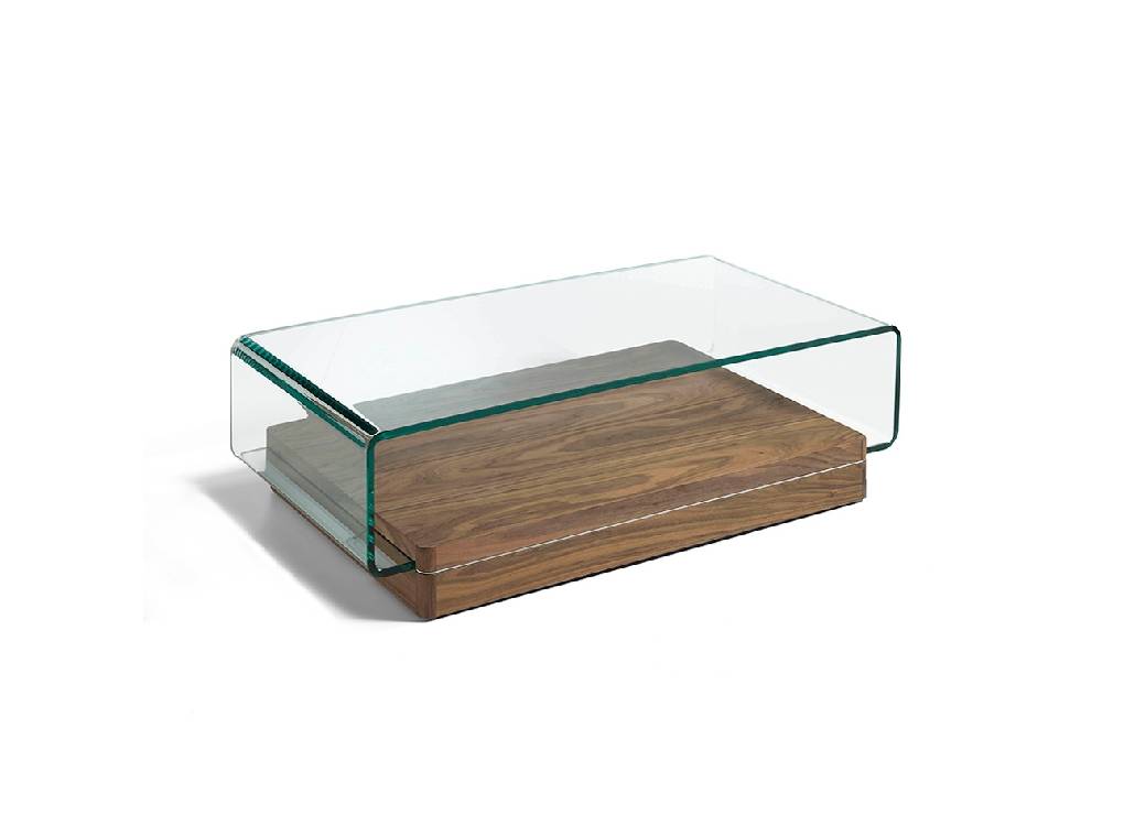 Curved tempered glass and walnut wood coffee table