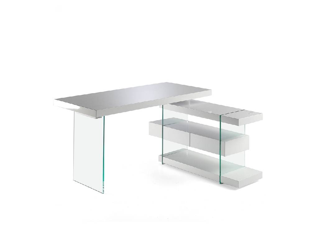 Office desk in MD lacquered with tempered glass sides and side drawer Office desk in MD lacquered with tempered glass sides and side drawer