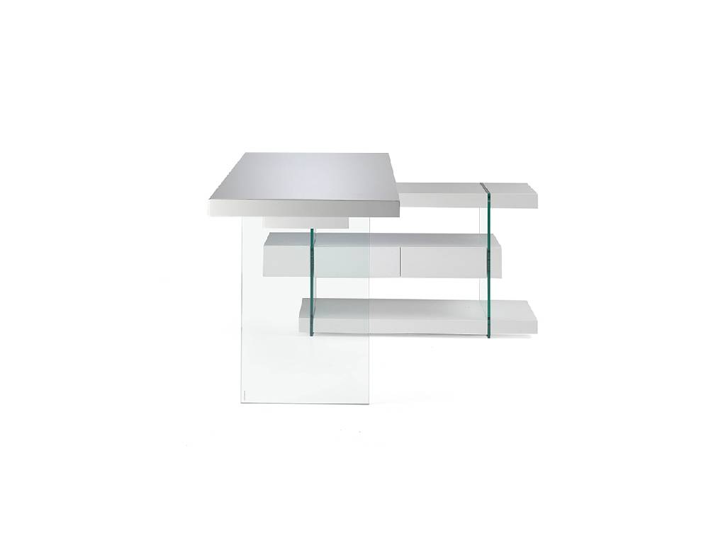 Office desk in MD lacquered with tempered glass sides and side drawer Office desk in MD lacquered with tempered glass sides and side drawer