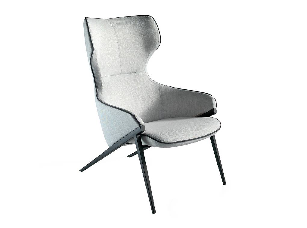 Armchair upholstered in fabric with black steel trim and legs