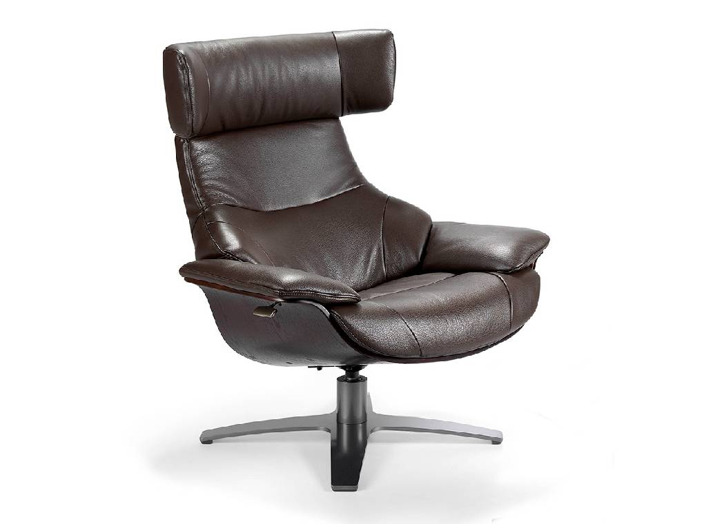 Swivel armchair upholstered in leather with reclining backrest relaxation mechanism Swivel armchair upholstered in leather with reclining backrest relaxation mechanism
