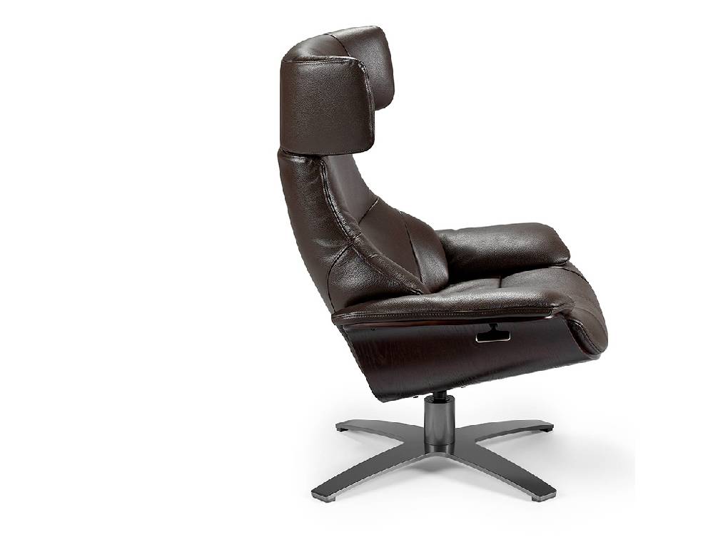 Swivel armchair upholstered in leather with reclining backrest relaxation mechanism Swivel armchair upholstered in leather with reclining backrest relaxation mechanism
