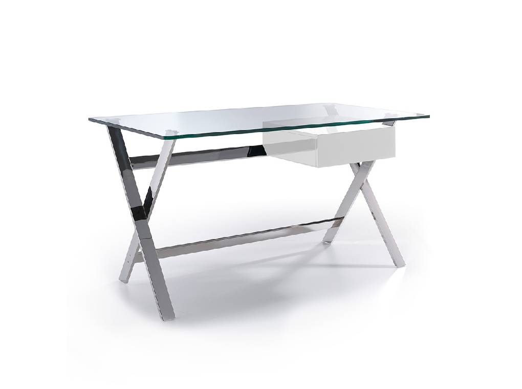 Office desk with tempered glass top and lacquered Mdf drawer. Stainless steel frame. Office desk with tempered glass top and lacquered Mdf drawer. Stainless steel frame.