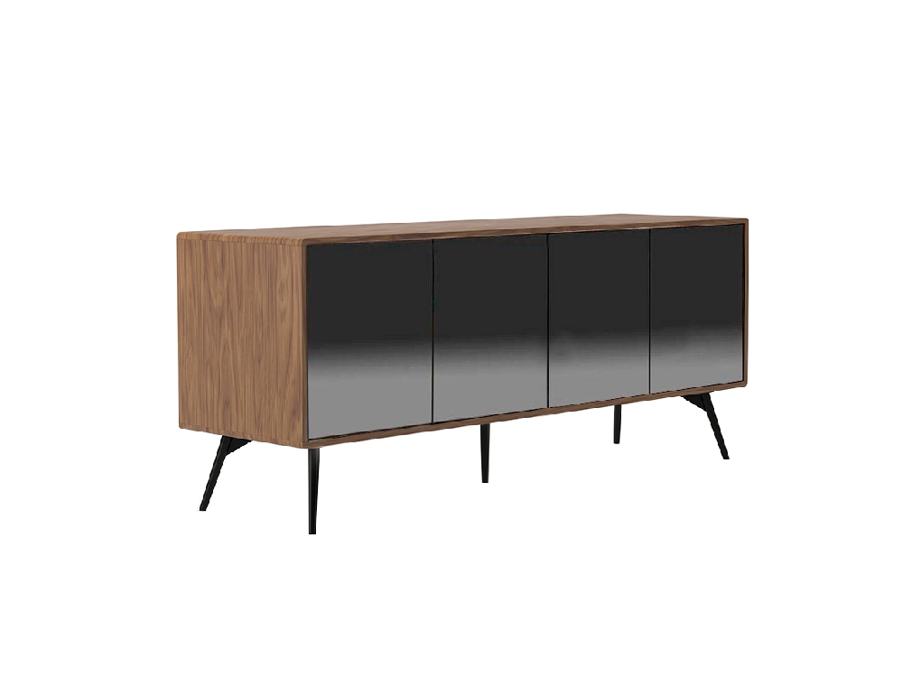 Walnut wood sideboard and black mirror glass doors Walnut wood sideboard and black mirror glass doors