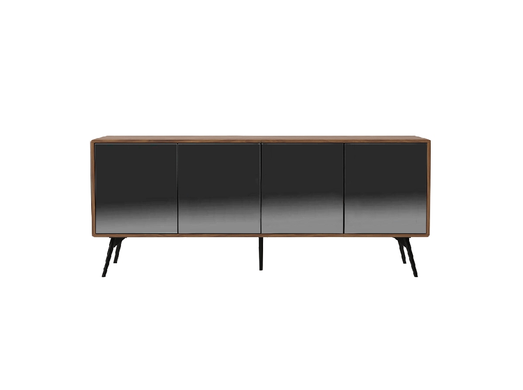 Walnut wood sideboard and black mirror glass doors Walnut wood sideboard and black mirror glass doors