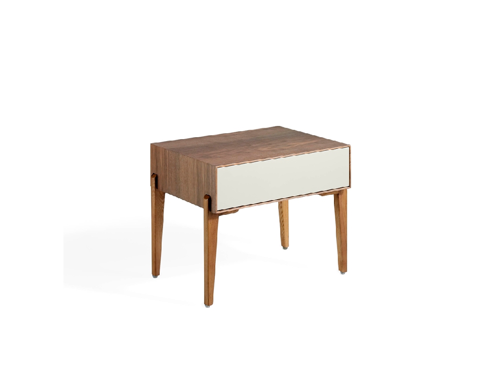 Bedside table with solid wooden legs and a Walnut veneer structure Bedside table with solid wooden legs and a Walnut veneer structure